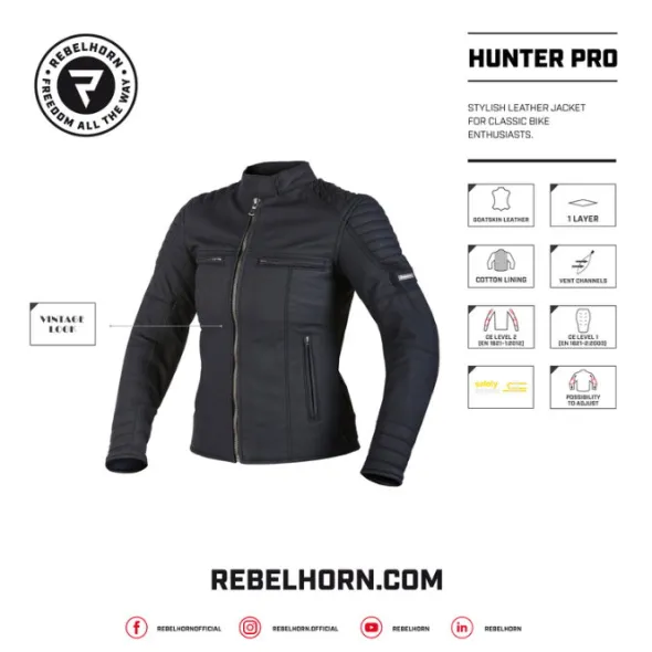MC-Læderjakke – Rebelhorn Hunter Pro Damejakke Sort